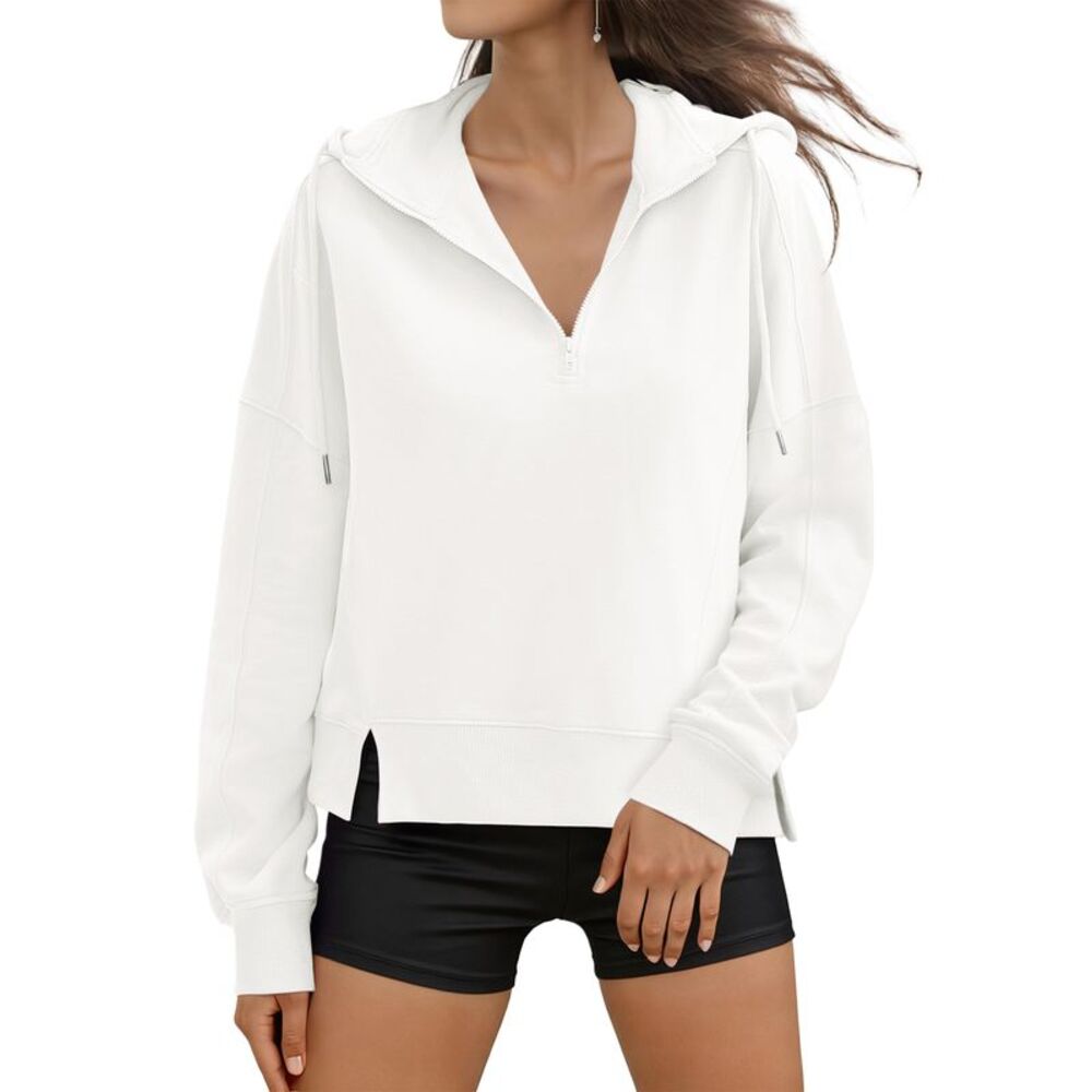 Womens Oversized Cropped Long Sleeve Half Zip Up Fall Hoodie Top White